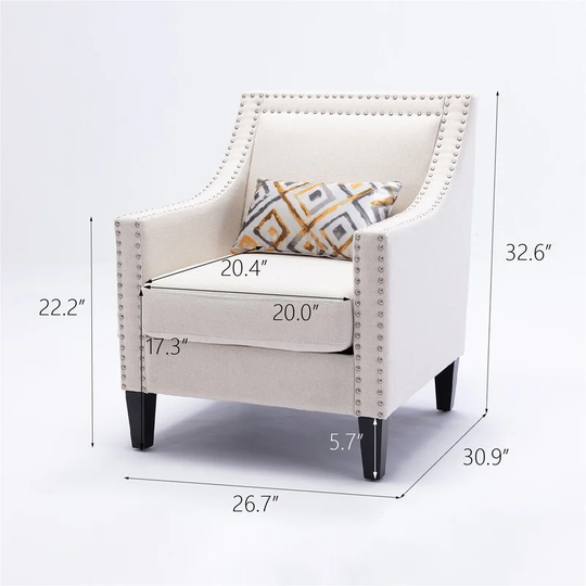 Linen Accent Arm Chair for Living Room with Nailheads and Wood Legs