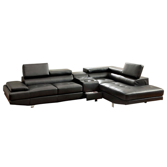 Faux Leather Upholstered Sectional Sofa with Foldable Headrests, Black
