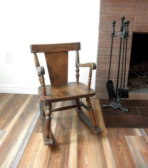 Vintage Childrens Wooden Rocking Chair - Early Antique Primitive Handcrafted Plank Toddler Size Chair