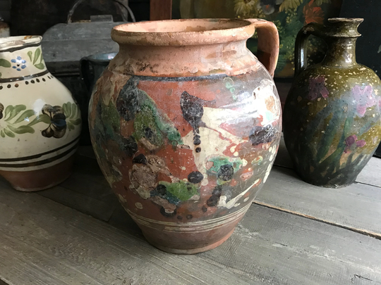 19Th C French Jaspe Pottery Jug, Marbled Paint, Terra Cotta Pot, Redware, Pitcher, Vase, Rustic Farmhouse, Farm Table