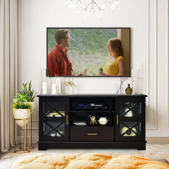Glass Door TV Stand with Drawer Storage Shelves - Brown - 47" x 16" x 24" (L x W x H)