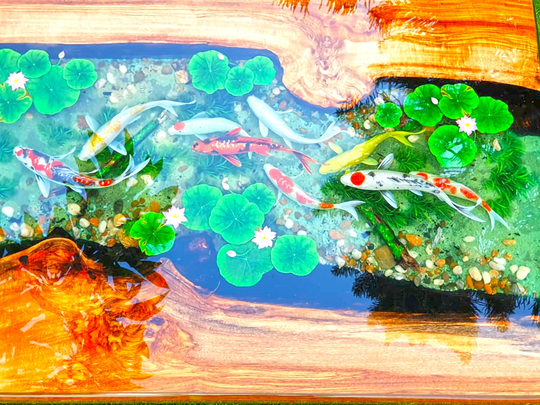 Koi Fish Resin Epoxy Coffee Table | Rectangle Wood Unique