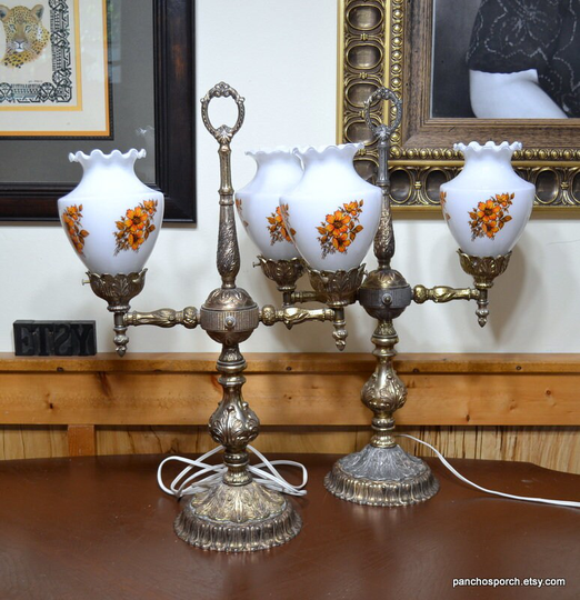 Vintage Ornate Table Lamp Pair Cast Metal 2 Arm Lights Glass Shades Hollywood Regency Victorian Decor Panchosporch