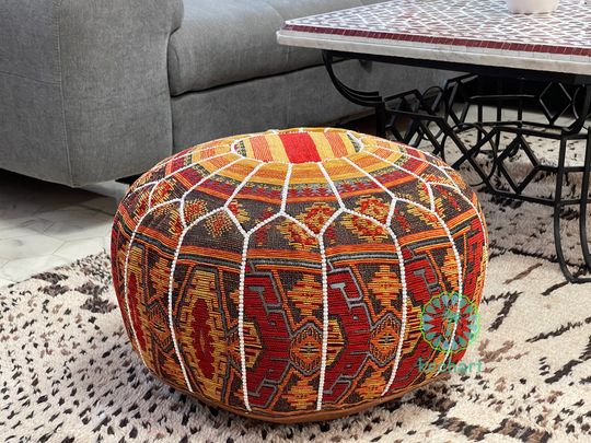 Kechart - Colorful Floor Ottoman, Moroccan Pouf, Cover, Home Decor, Genuine Leather, Tissue, Chairs & Ottomans, Seat Cushion, Footstool