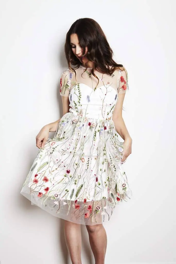 Embroidered Floral Dress, Prom White Mini Elopement Reception Embroidery, Mini, Wedding Dress