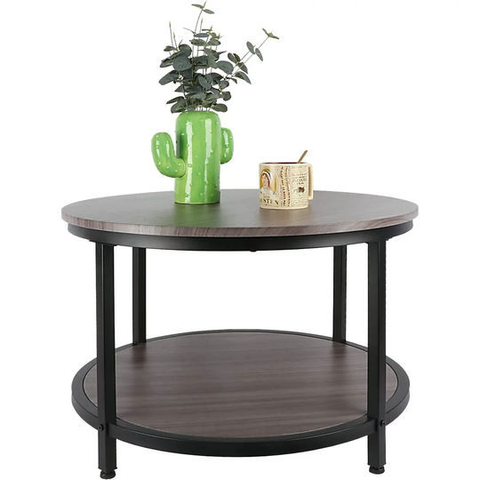 Round Coffee Table 2-Tier Wood Sofa Table with Open Shelf, Brown