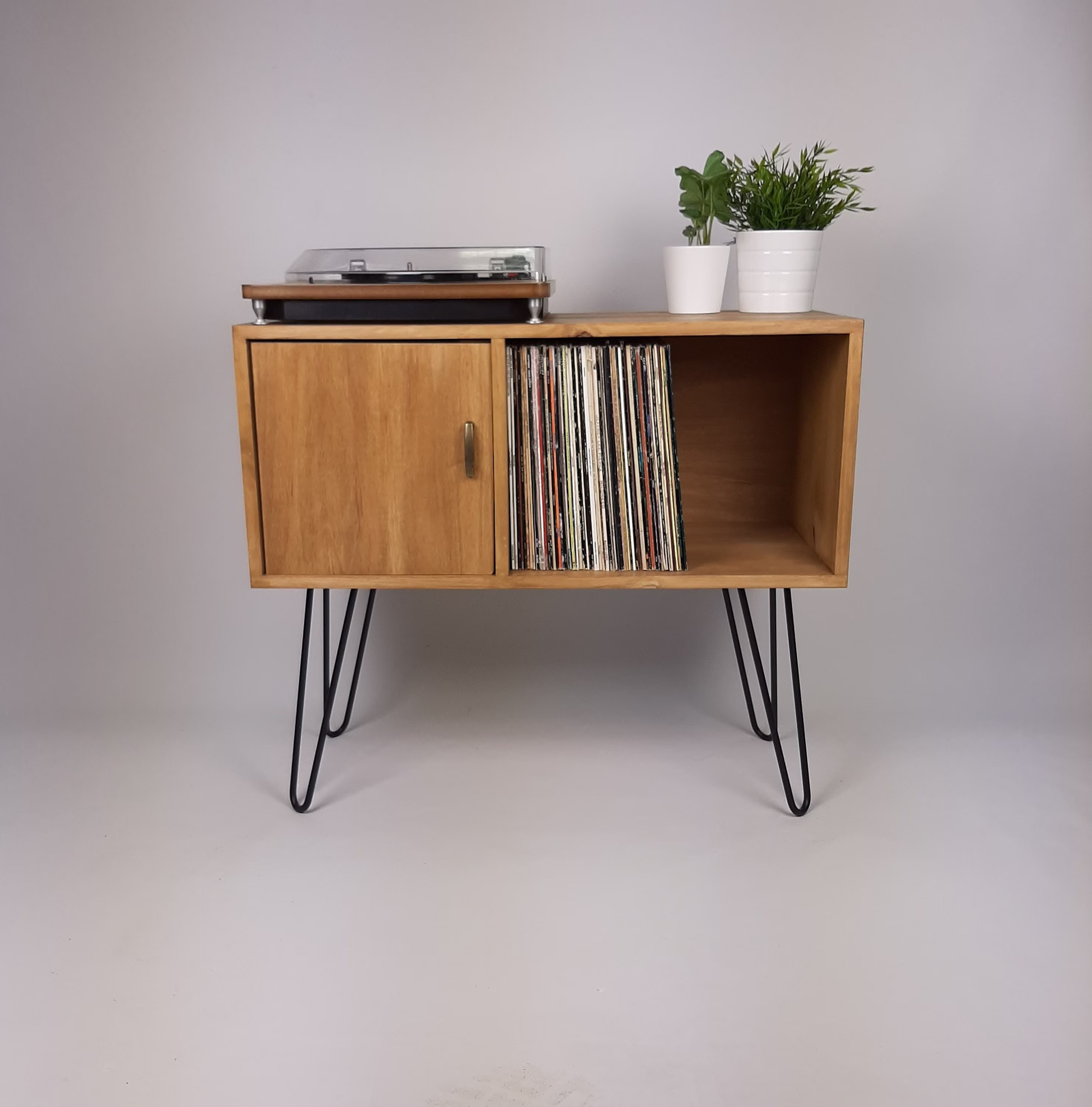 Oak Sideboard With Brass Handle | Black Haipin Legs Table Media Console Mid Century Modern Vinyl Storage