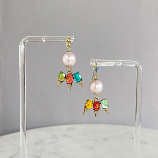 Multi Color Earrings, Pearl Drop Colorful Statement Asymmetric Pearls & Crystals Earrings
