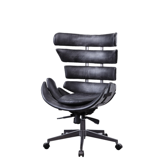 Metal Framed Wingback Office Chair with Leatherette Upholstered Horizontal Panels, Black and Gray