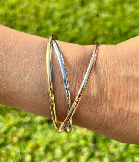 18K Gold 3 Color Bangle, Piece Tri-Color Gold Bangle in Solid Gold, Ring Rose, Yellow, & White Bangle