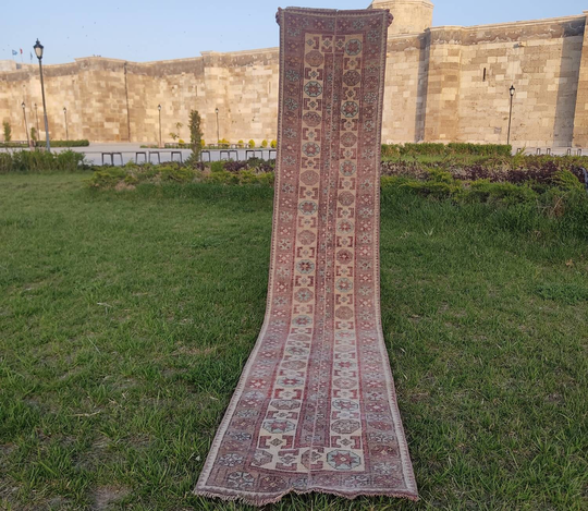 Burgundy Colored Runner, Vintage Turkish Runner Rug, 2x11 Long 1'10"x10'9" Ft/Extra Liht Green Color #133