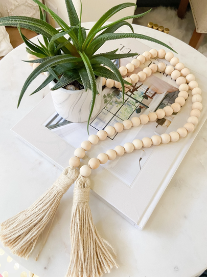 Wood Long Garland, Table Decor, Handmade Wooden 58 Inch Bead Neutral Home Farmhouse Garland With Tassel