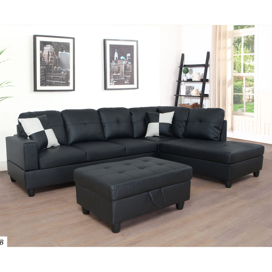 3PC Sectional Sofa Faux Leather Right-Facing Sofa Storage Ottoman