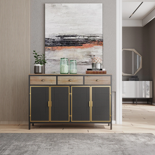 48" Wide Metal 3-Drawer Sideboard in Dark Gray with Inner Shelves