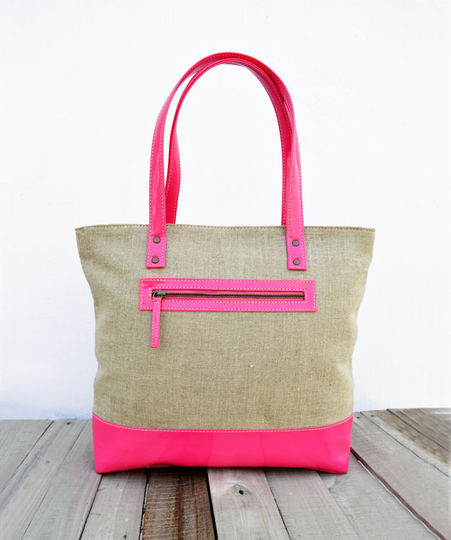 Linen & Faux Leather Tote Bag, Natural With Fuschia, Classic Everyday Bag
