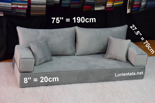 Velvet 8'' Thick Gray Floor Sofa Turkish Arabic Living Room, Oriental Moroccan Home Decor Couch, Cushion Pillow, Yoga Meditation Bed Seating