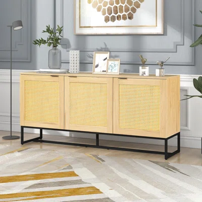 63" Wide 3 Doors Sideboard Buffet Mid Century Modern Storage Cabinet Console Table With Rattan Doors And Sturdy Steel Base, For Dining Room, Living Ro