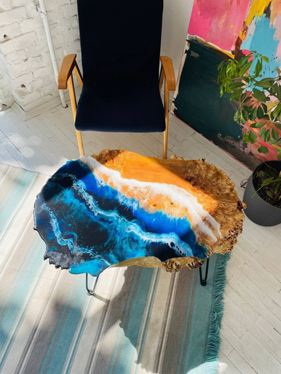 Round Rustic Coffee Table, Live Edge Epoxy Side Root End Table Wood Raund, Sehpa Small Reclaimed Tea