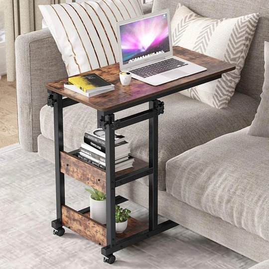 Height Adjustable C Table with Storage Shelves and Wheels, Mobile Sofa Side Table End Table Snack Table