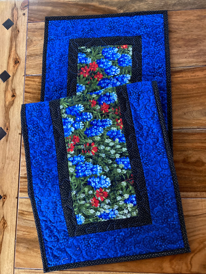 Dining Table Runner, Texas Bluebonnets Red Summer 13x48" Quilted Reversible, Coffee End Nightstand, Wildflower Handmade