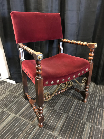Antique 20S Velvet Maroon Chair W/Ornate Brass Base & Embellishments