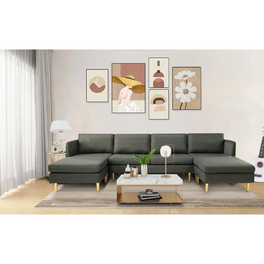 Modern Convertible Sectional Sofa Reversible Chaise Polyester Padded Stationary Sofa Set with Ottoman Included and Metal Legs