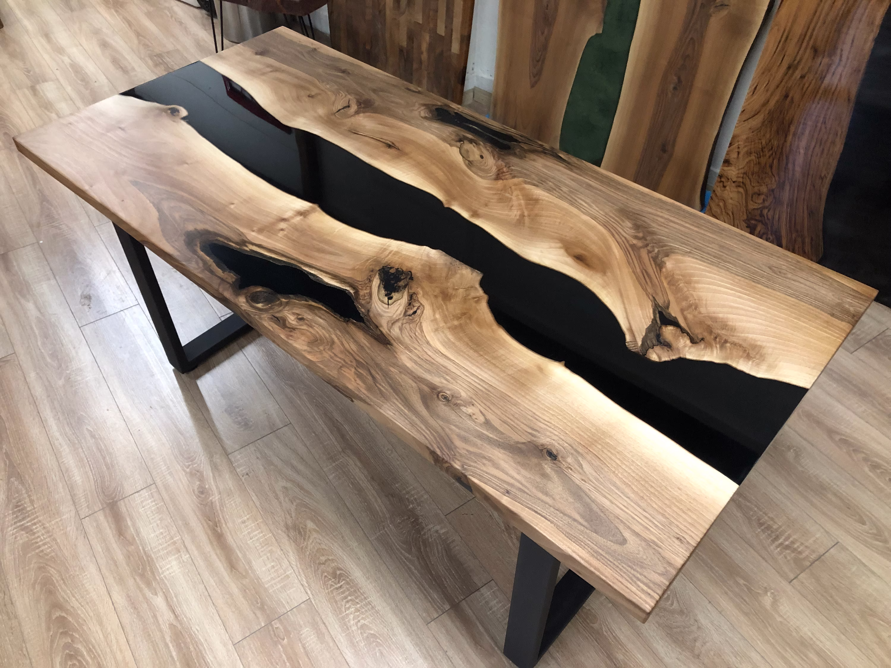 Black River Epoxy Table, Custom Handmade Black Resin Walnut Table