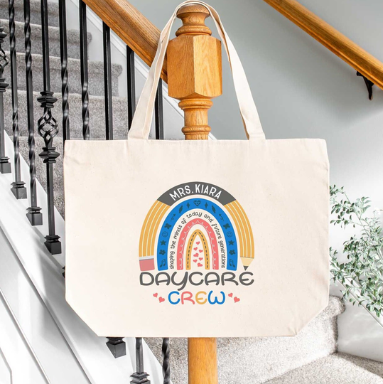 Personalized Daycare Crew Zippered Tote, Rainbow Pencil With Name, Childcare Provider Gifts, Teacher Appreciation, Custom Work Bag