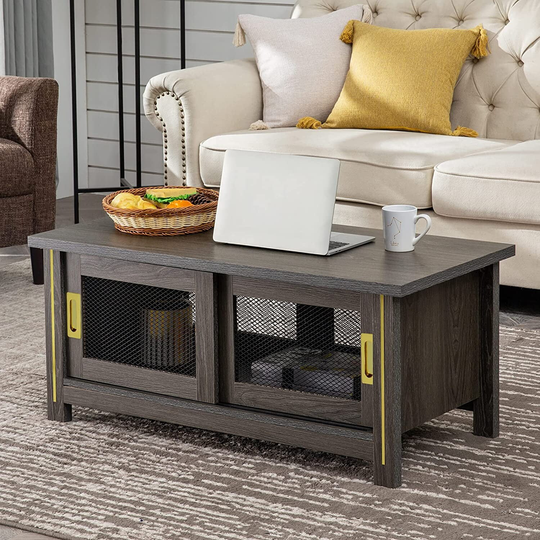 Farmhouse Coffee Table, Rustic Vintage Living Room Table with Sliding Door Dark Grey