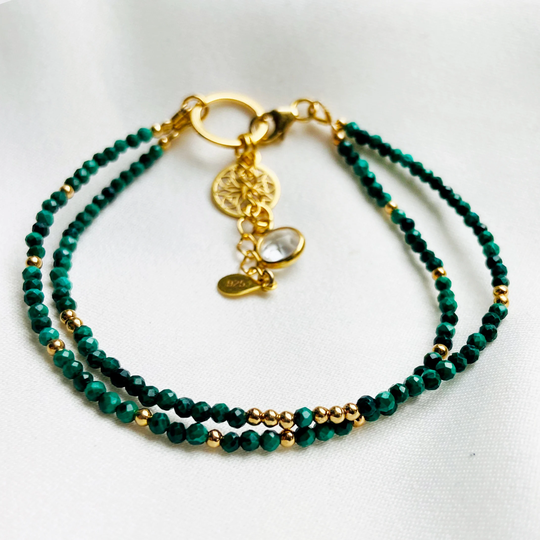 Malachite Bracelet Gold Rosette, Dainty Gemstone Bracelet, Small Malachite Beads, Clear Quartz Charm Elegant Green