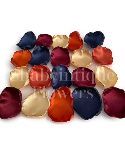 Rustic Wedding Table Decor, Navy Blue, Maroon, Rust, & Gold Flower Petals, Boho Aisle Decorations