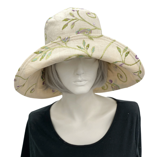 Summer Cloche Hat, Wide Brim Size Medium, Ready To Ship, Floral Linen Wedding Hats, Handmade in The Usa