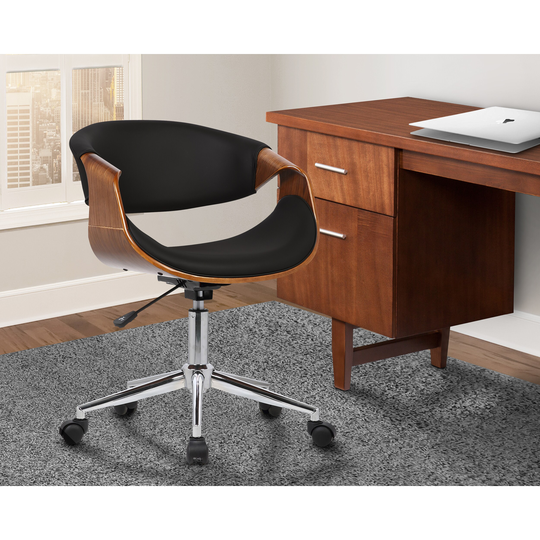 Armen Living Geneva Mid-Century Office Chair in Chrome finish with Black Faux Leather and Walnut Ven