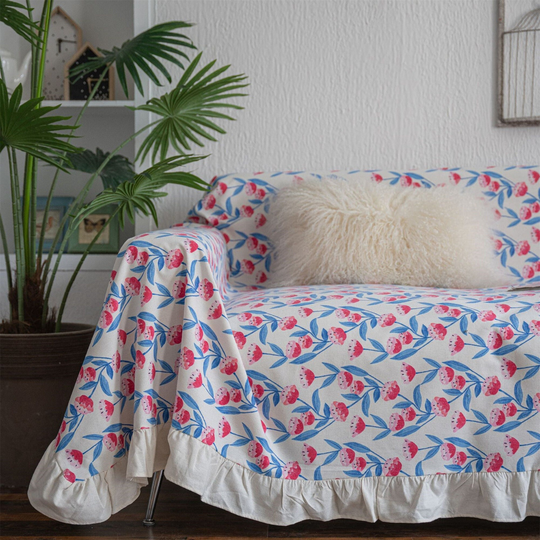 New Peach Flowers Ruffled Edge Sofa Cover, Loveseat Cover Floral Slipcover For Seat, Table Cloth Cotton Furniture Protect