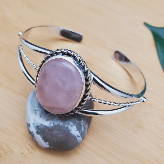 Socute925 Dainty Rose Quartz Cuff Bracelet | Sterling Silver Pastel Pink Southwest Signed Sonny Tn Made in Usa