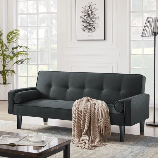 Modern Futon Bed Convertible Love Seat Couch Linen Fabric Sleeper Sofas with 2 Pillows