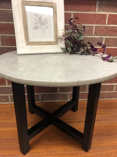 stone Textured Concrete Table With Custom Crafted Metal Base For Interior Or Exterior Use