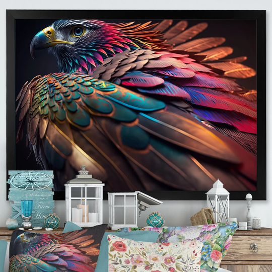 Designart 'Macro Colorful Feather Eagle II' Animals Framed Art Print