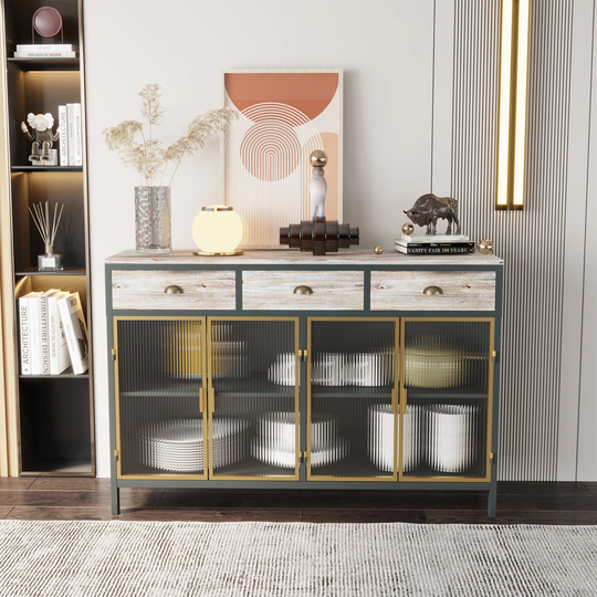 2 Glass Doors Sideboard with 3 Top Drawers, Entryway Floor Cabinet