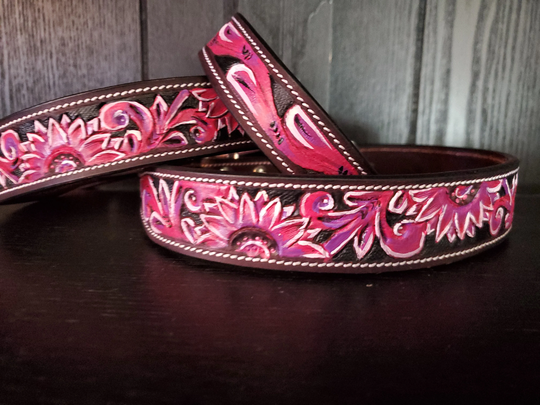Leather Dog Collar - Pink Sunflower Tooled Preoiled Soft Leather