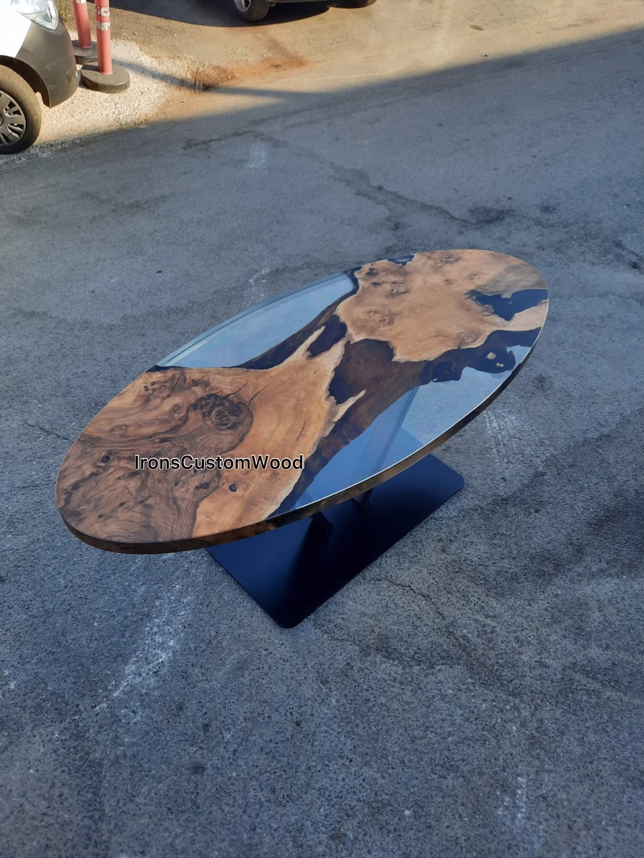 Custom Walnut Epoxy Table, Oval Dining Clear Resin Pedestal Base Table