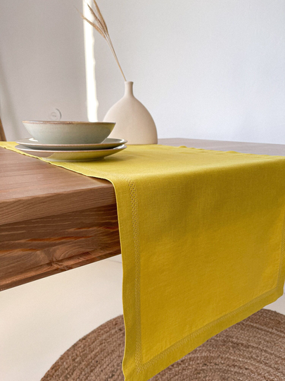 Hemstitch Table Runner in Yellow, Organic Runner, Tabletop Linen, Vintage Fall Chartreuse