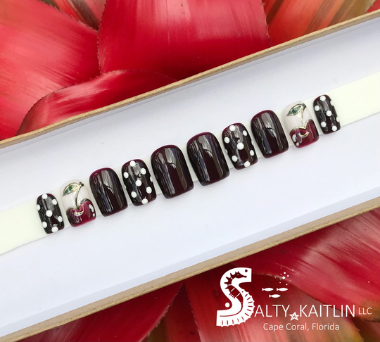 Hand Painted Cherries Press On Gel Nails