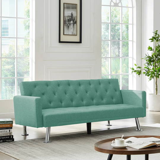 72.83" Convertible Folding Futon Fabric Upholstered Sofa Bed, Adjustable Tufted Back Back Sofa with Chrome Metalleg Support