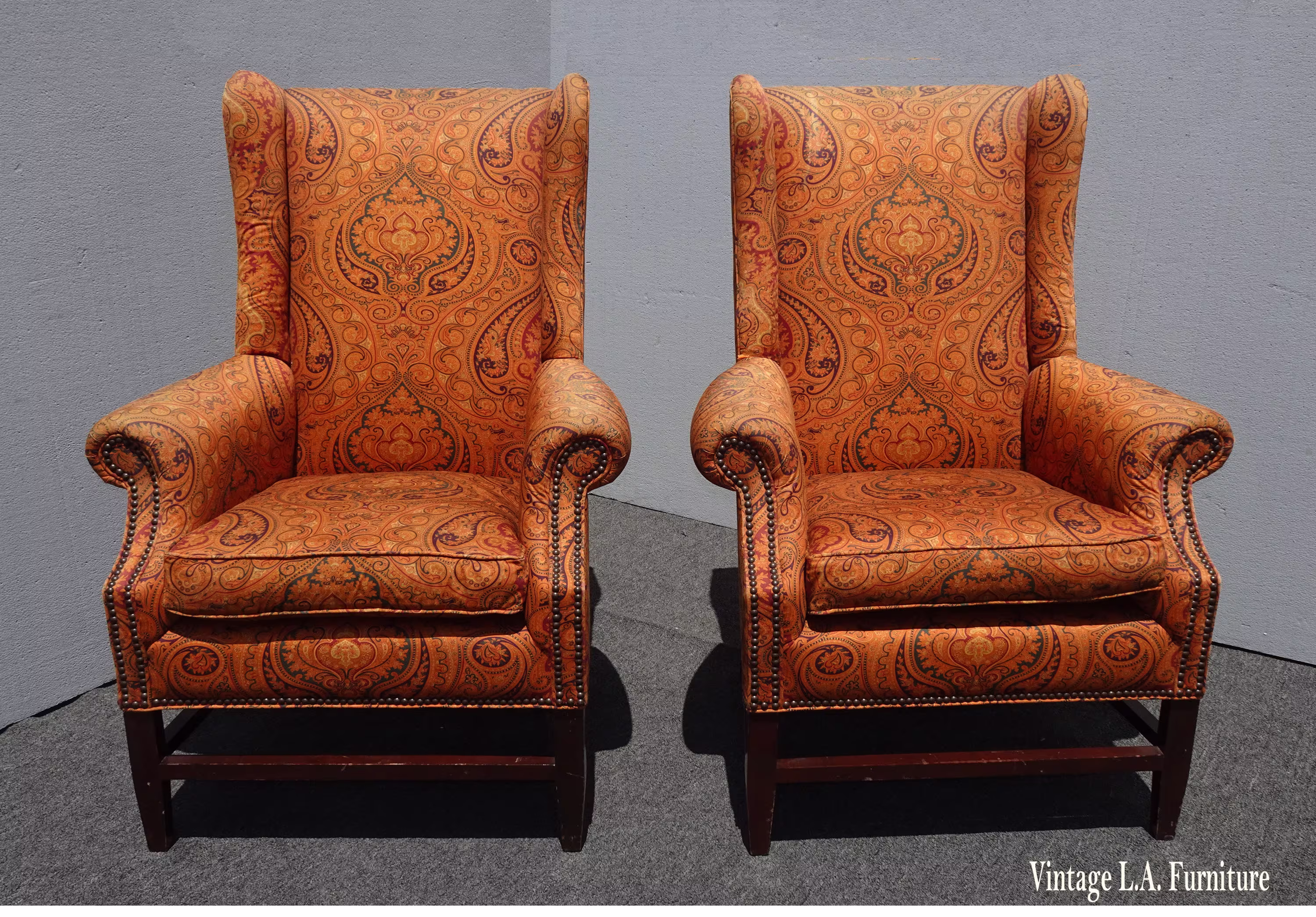 Pair Mid Century Orange Paisley Print Wingback Throne Chairs By Barclay Butera