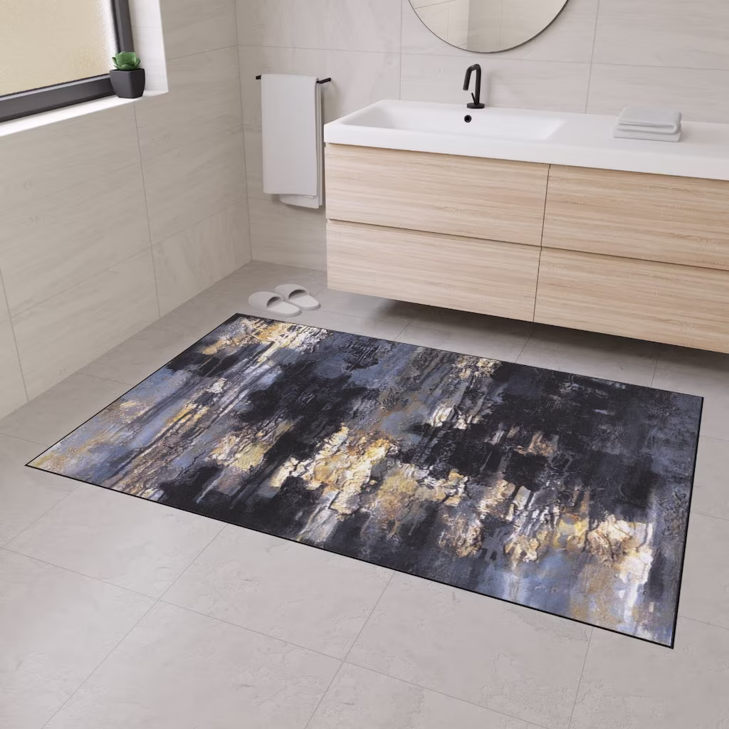 Abstract Floor Mat, Black Gray White, Heavy Duty Fine Art Print, Contemporary Office Chair Modern Kitchen Mat