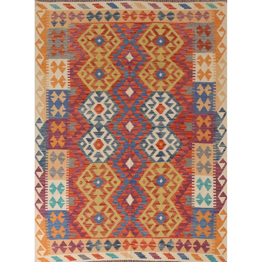 Reversible Kilim Oriental Area Rug Multi-Color Hand-woven Wool Carpet - 5'3" x 6'8"