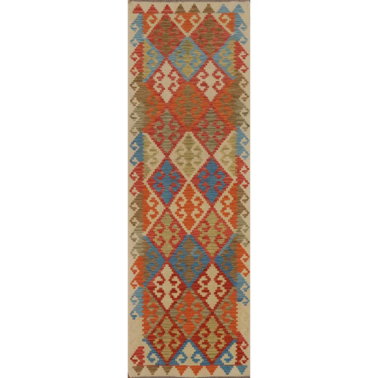 Geometric Kilim Oriental Runner Rug Hand-woven Multi-Color Wool Carpet - 2'10" x 9'4"