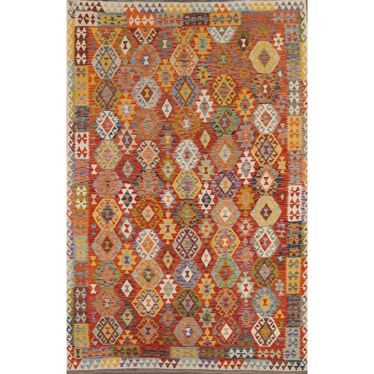 Geometric Multi-Color Kilim Rug Hand-woven Living Room Wool Carpet - 8'7"x 11'6"