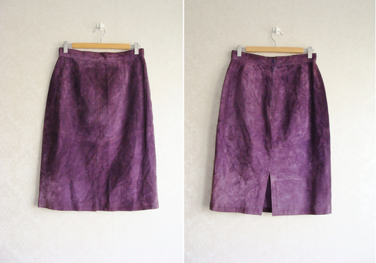Purple Suede Midi Skirt, Vintage High Waist Pencil Modern Leather Knee Length Leather, Minimal Fall Skirt Size 38, Uk 10